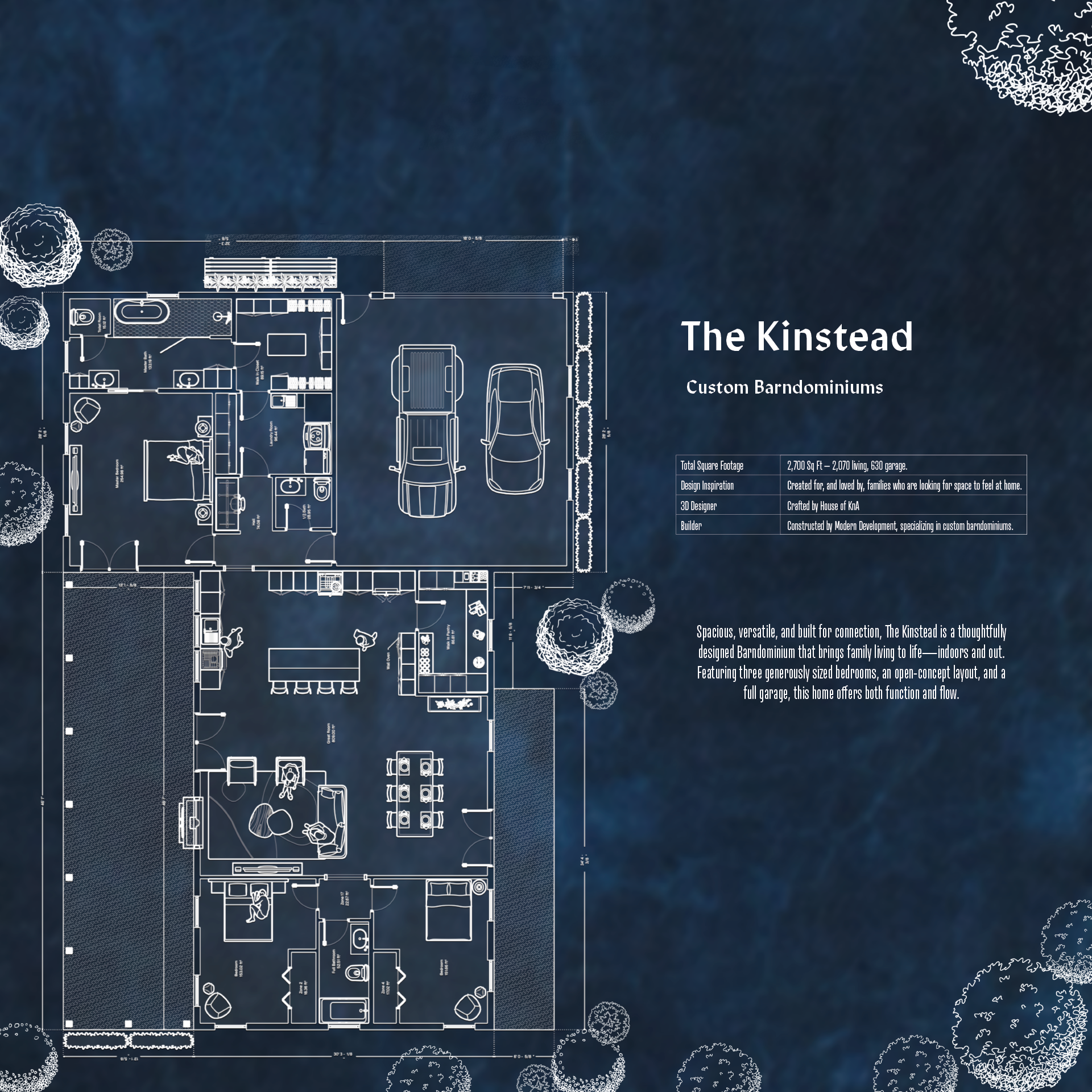 Kinstead barndominium floor plan and architectural rendering Tennessee